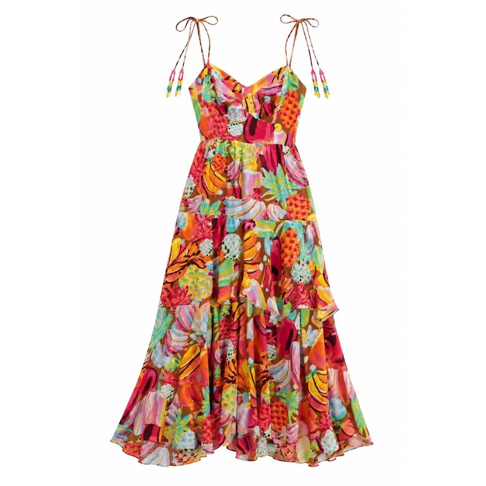 Farm Rio Maxi Dress XS Tropical Resortcore Dopamine Vacation Chic Fruit Salad